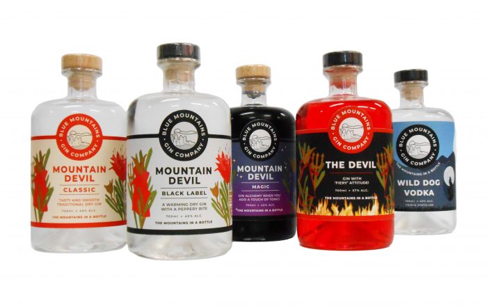 The five products in the Blue Mountains Gin Company range.